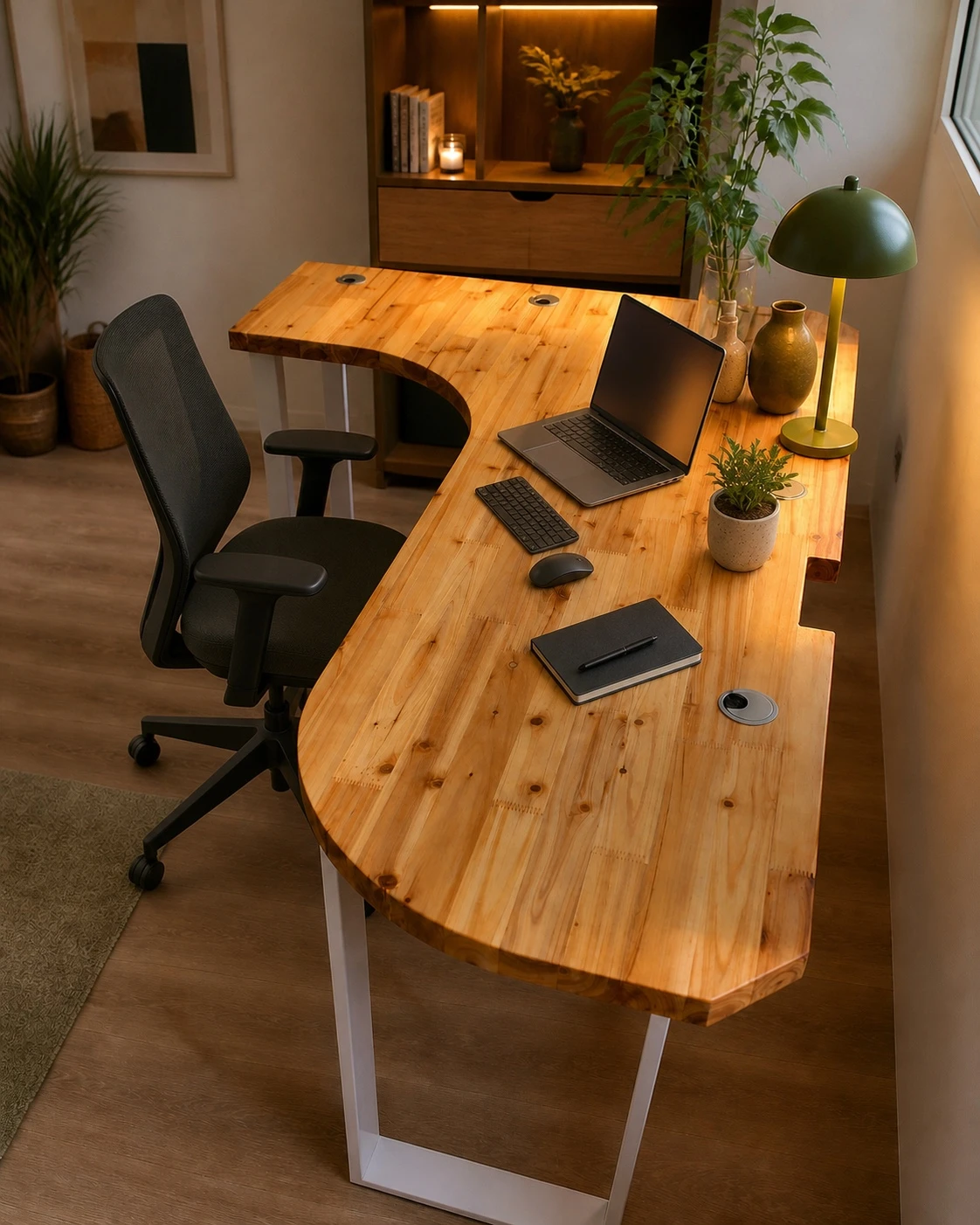 Made-to-measure curved timber desk arranged as a welcoming workspace for two