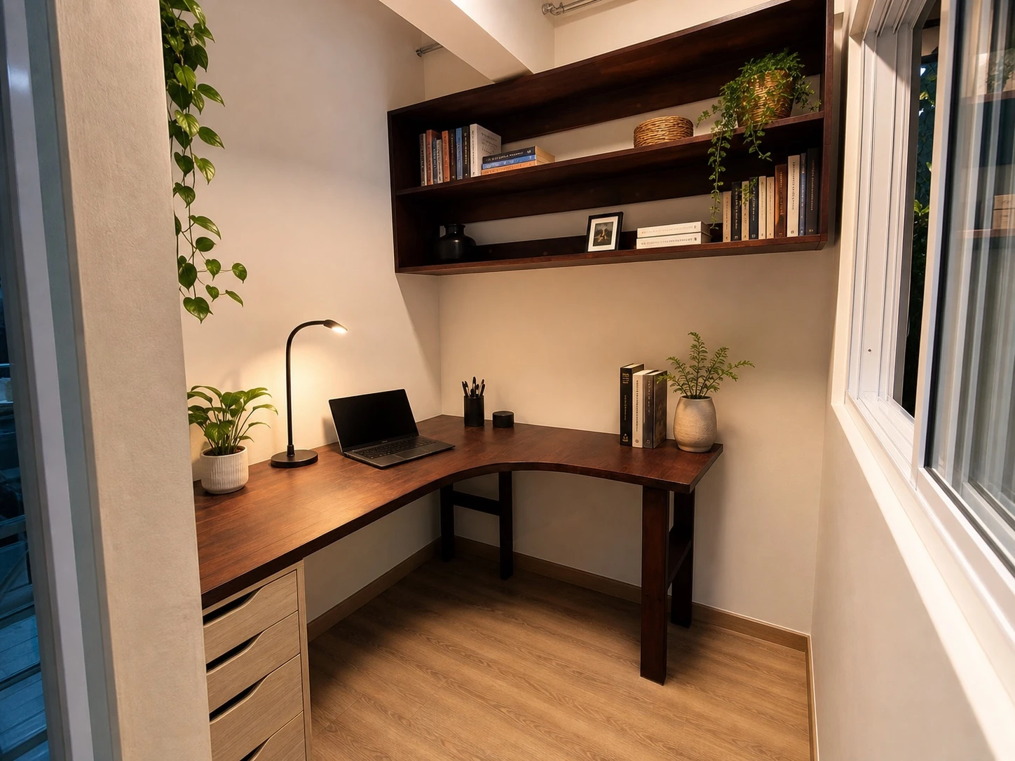 Dark timber corner desk designed around a bright window nook