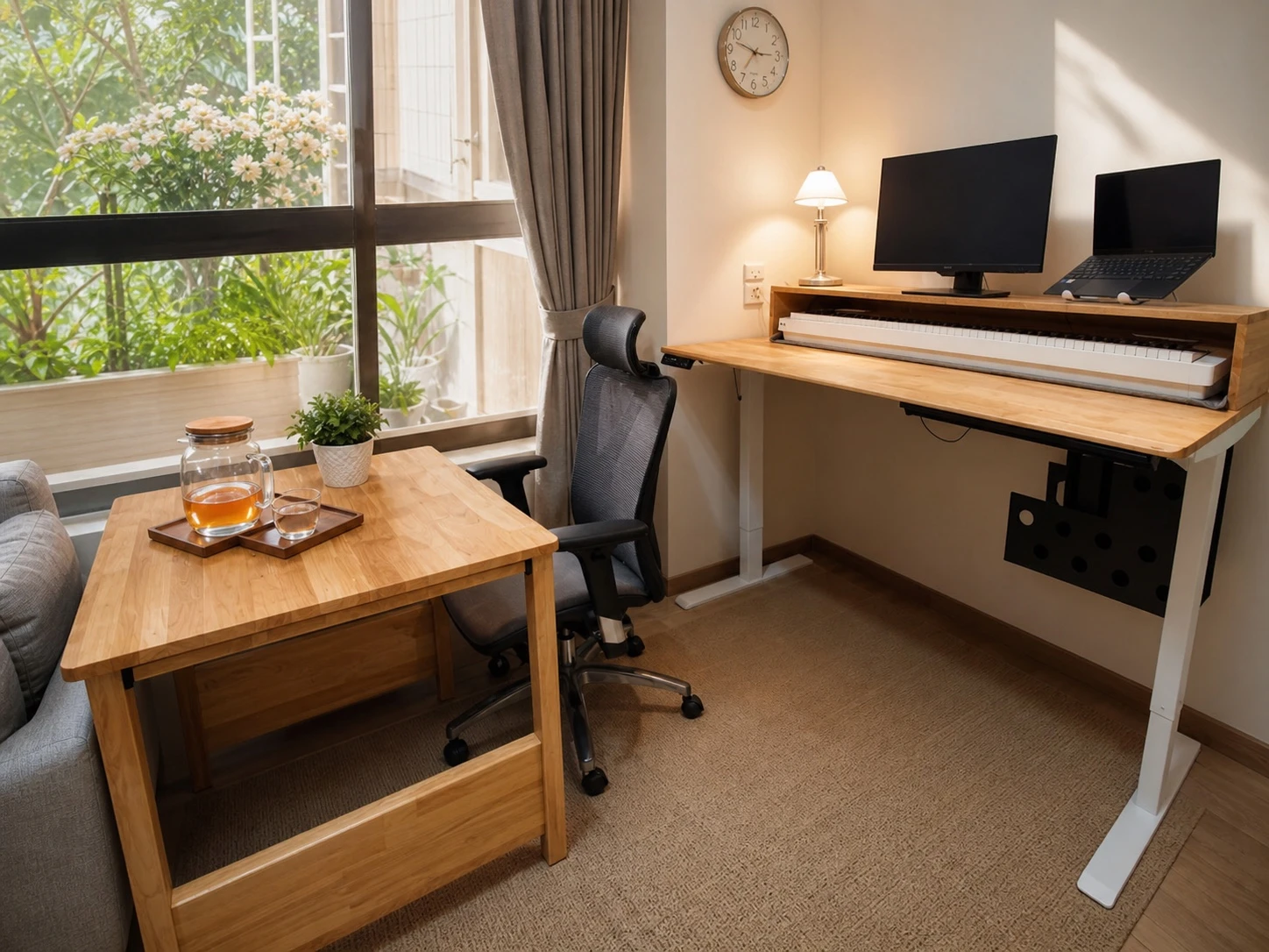 Adjustable-height timber workstation beside a freestanding table in a lived-in Singapore home