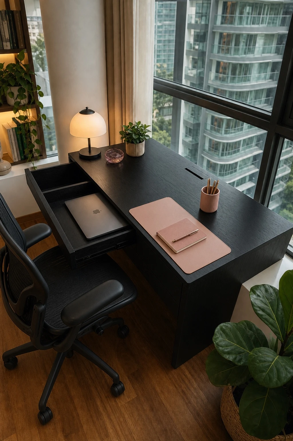 Black-stained pull-out desk styled as an elegant window workspace