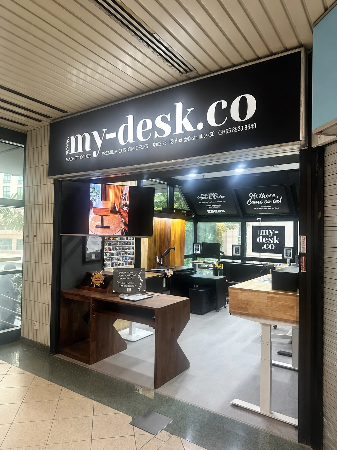 My-Desk.Co showroom storefront and custom desk display at Sim Lim Square