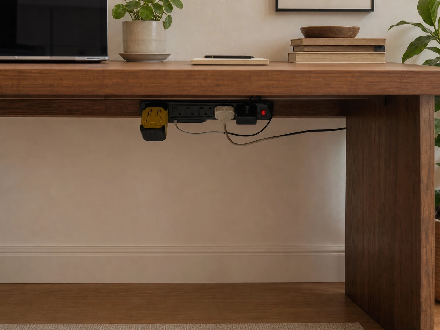 Black four-socket power bar with four USB ports mounted beneath the rear edge of a solid-wood tabletop