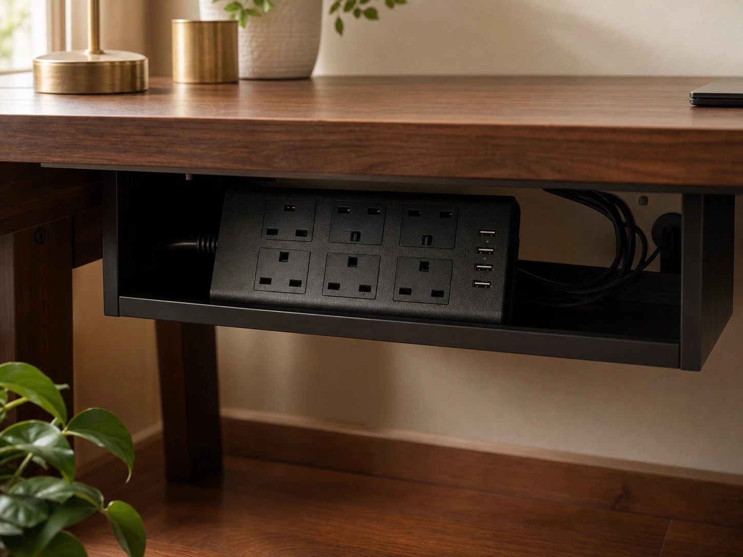 Black six-socket power bar with four USB ports inside an underdesk storage tray