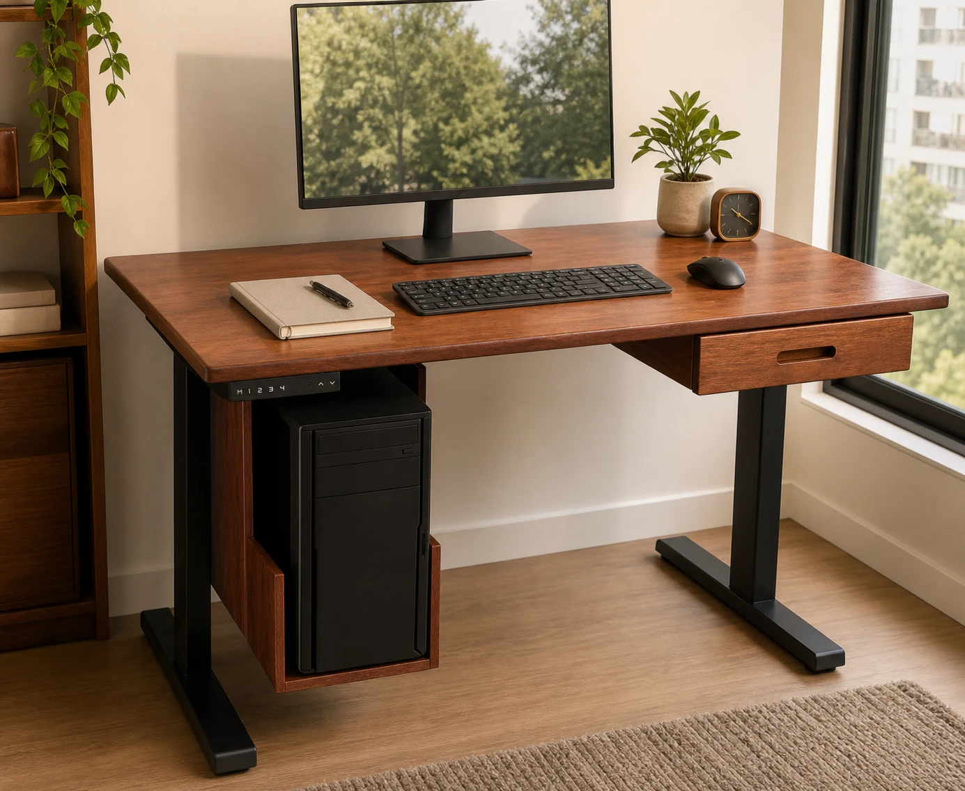 Custom solid-wood computer tower holder beneath an adjustable desk