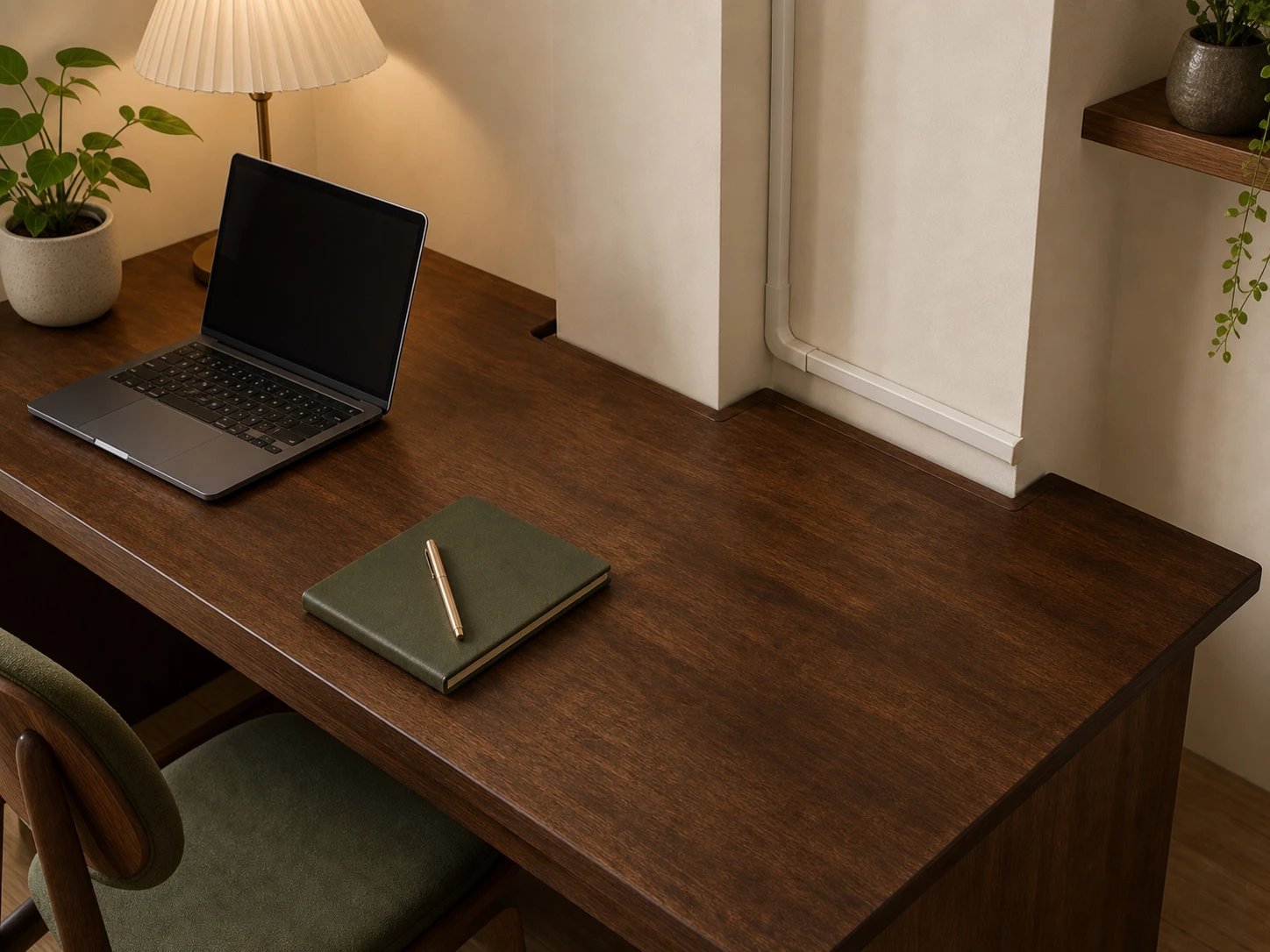Custom-shaped solid-wood tabletop fitted around a wall projection and power route
