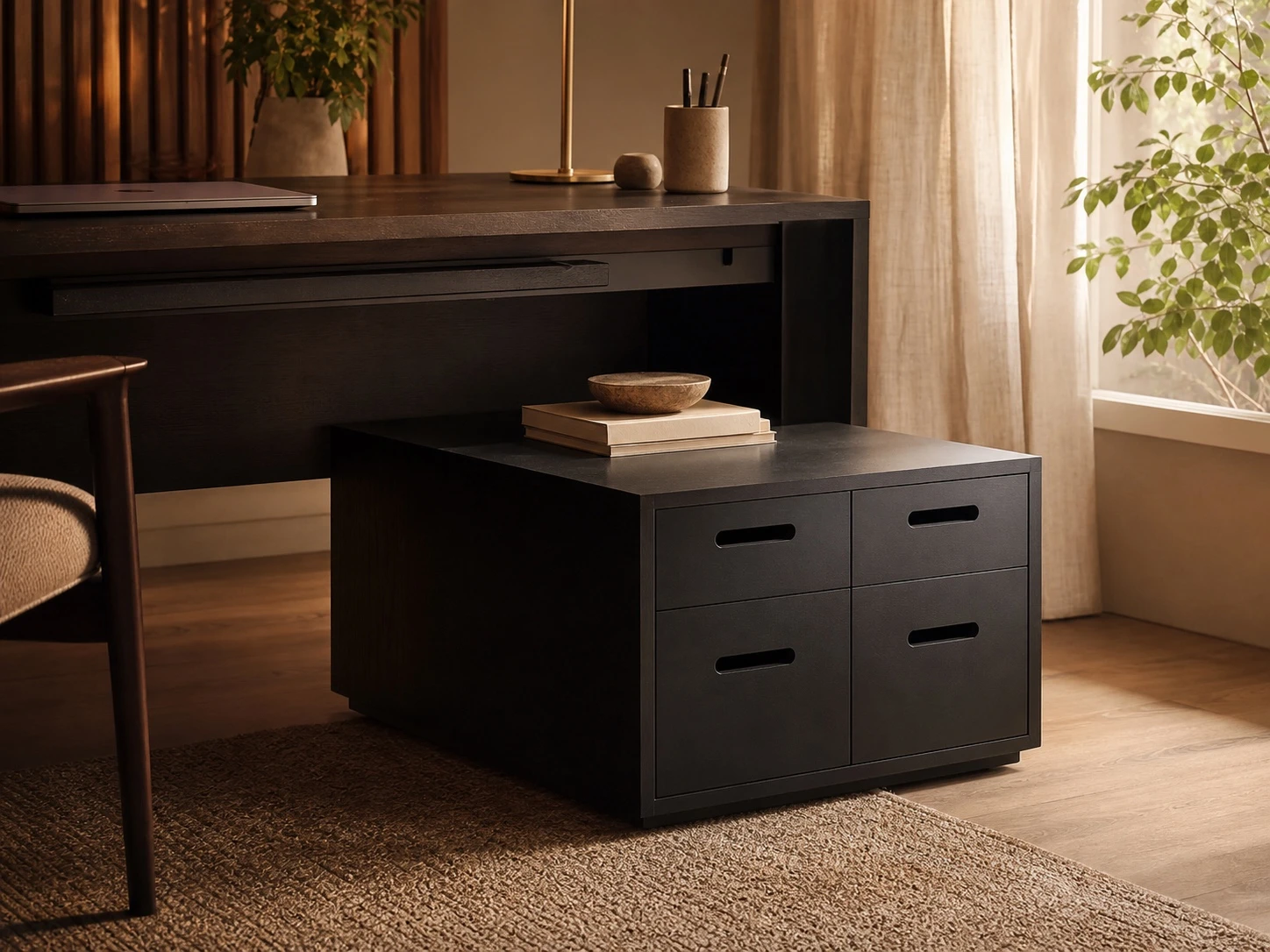 Premium black double dual-drawer bench and organiser beside a solid-wood desk