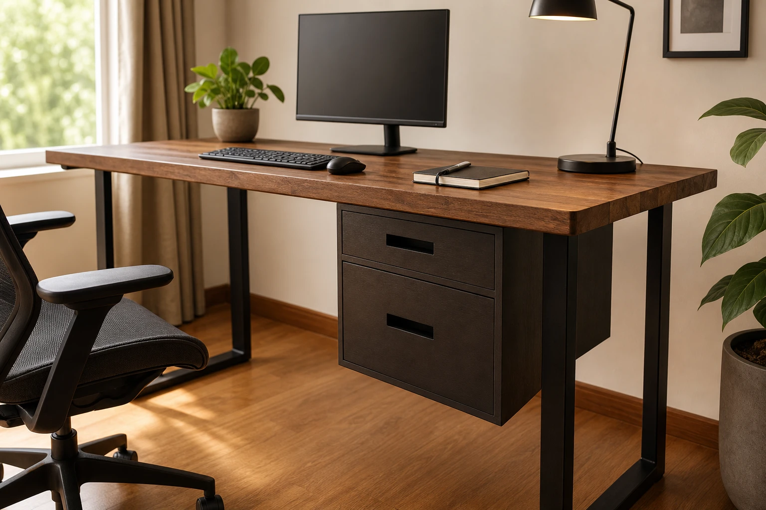 Two stacked solid-wood drawers mounted beneath a custom desk