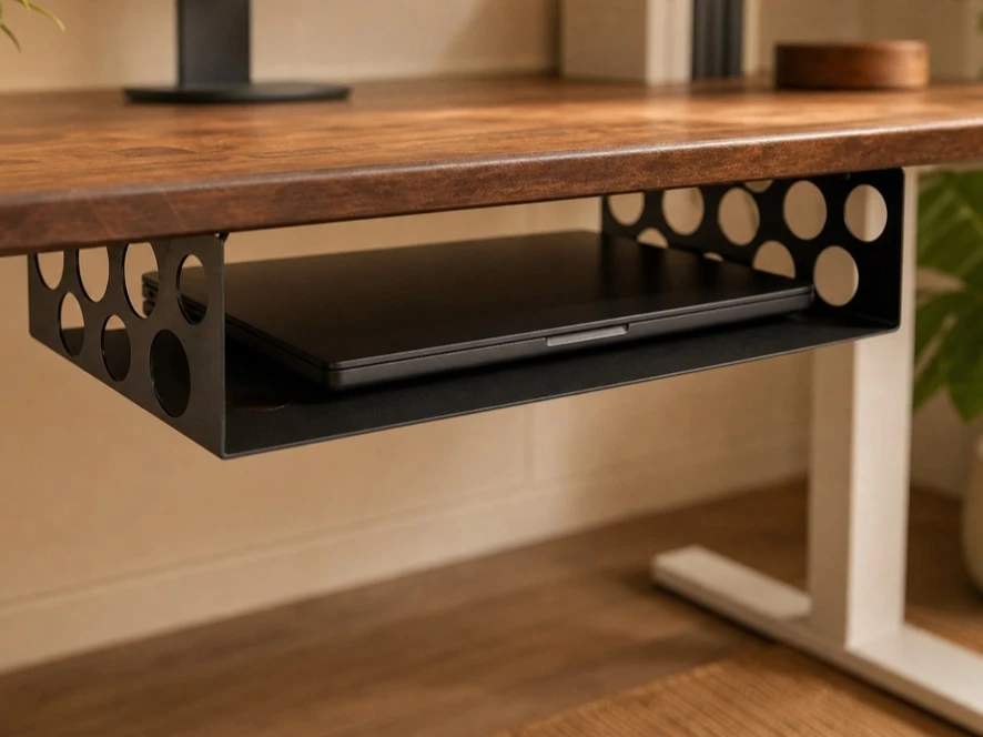 Ventilated metal laptop tray mounted beneath a desk
