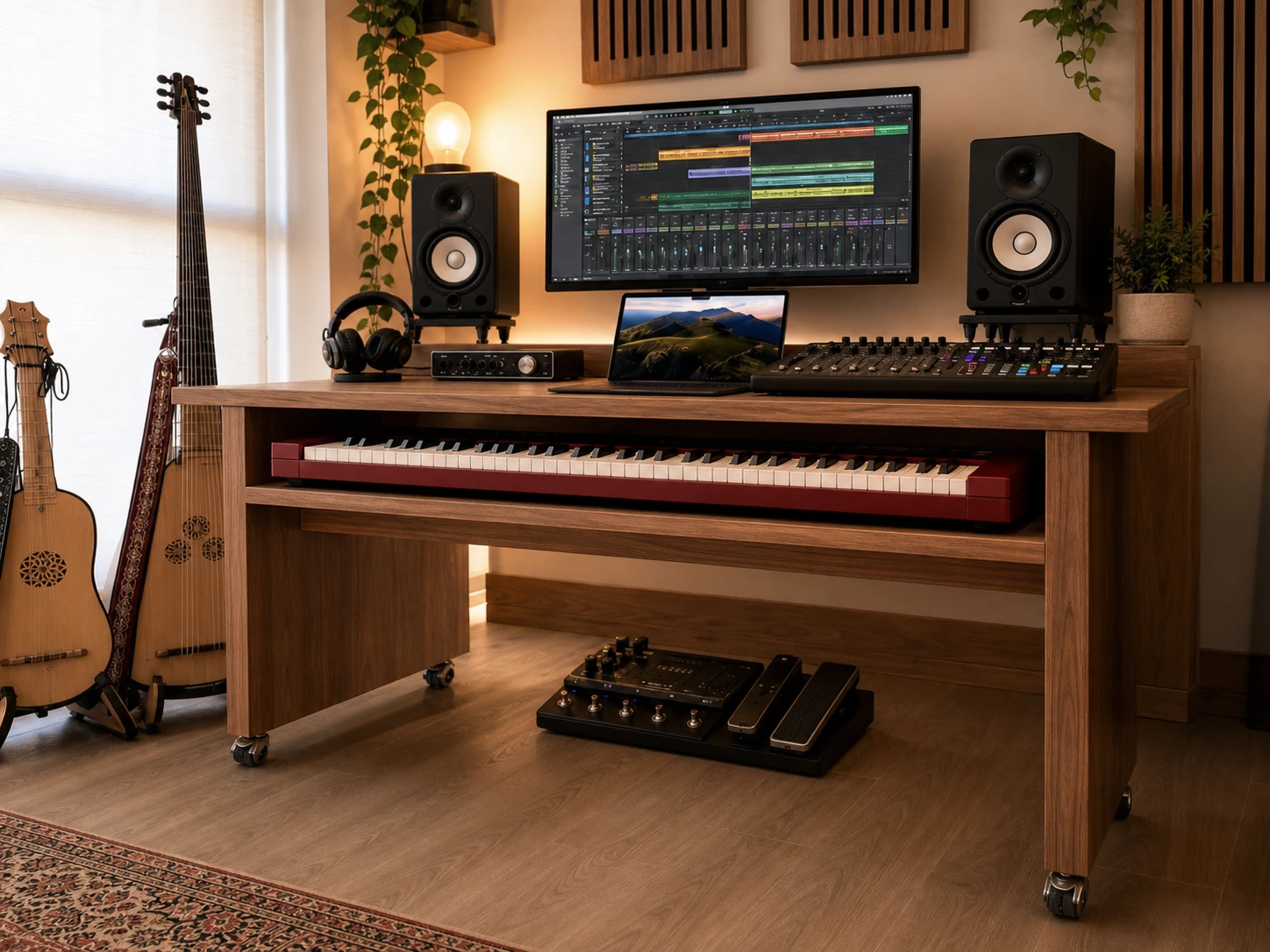 Music studio desk with lockable dual-wheel casters attached to wooden panel legs