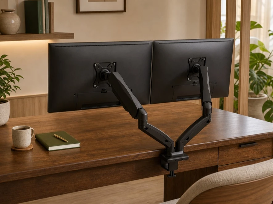 Adjustable monitor arm installed on a custom desk