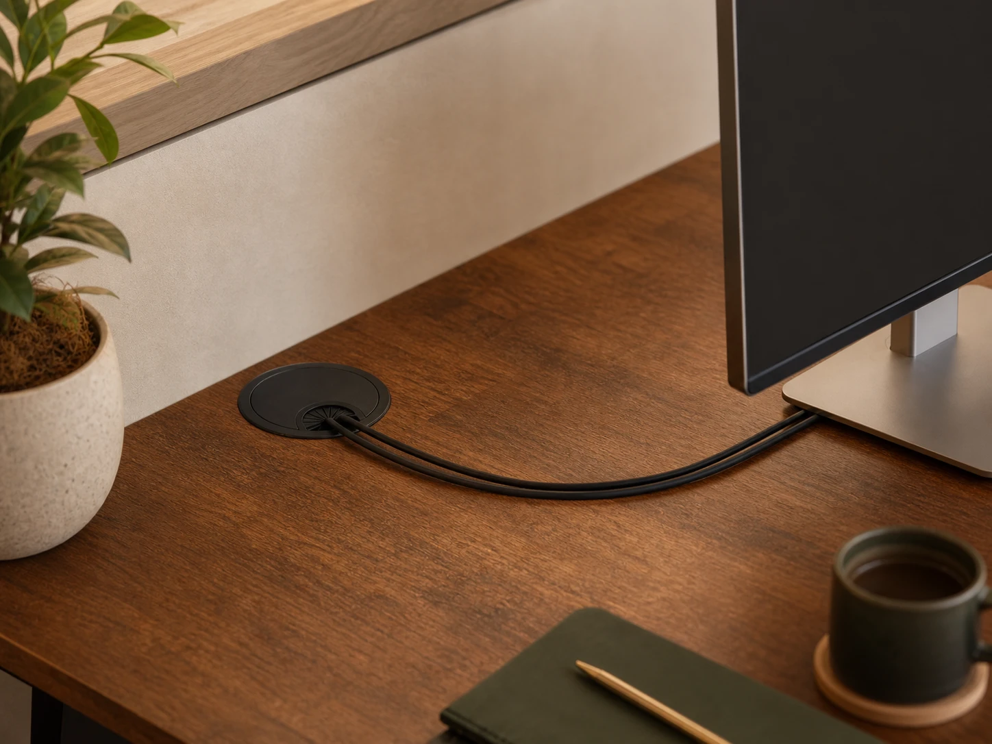 Single round black wire grommet in a solid-wood desk