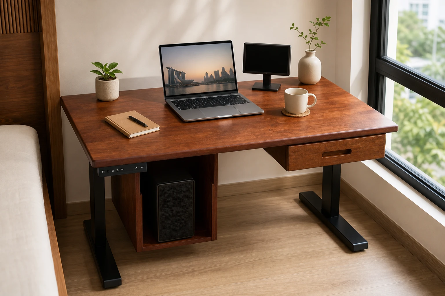 Single solid-wood under-desk drawer on a compact adjustable desk