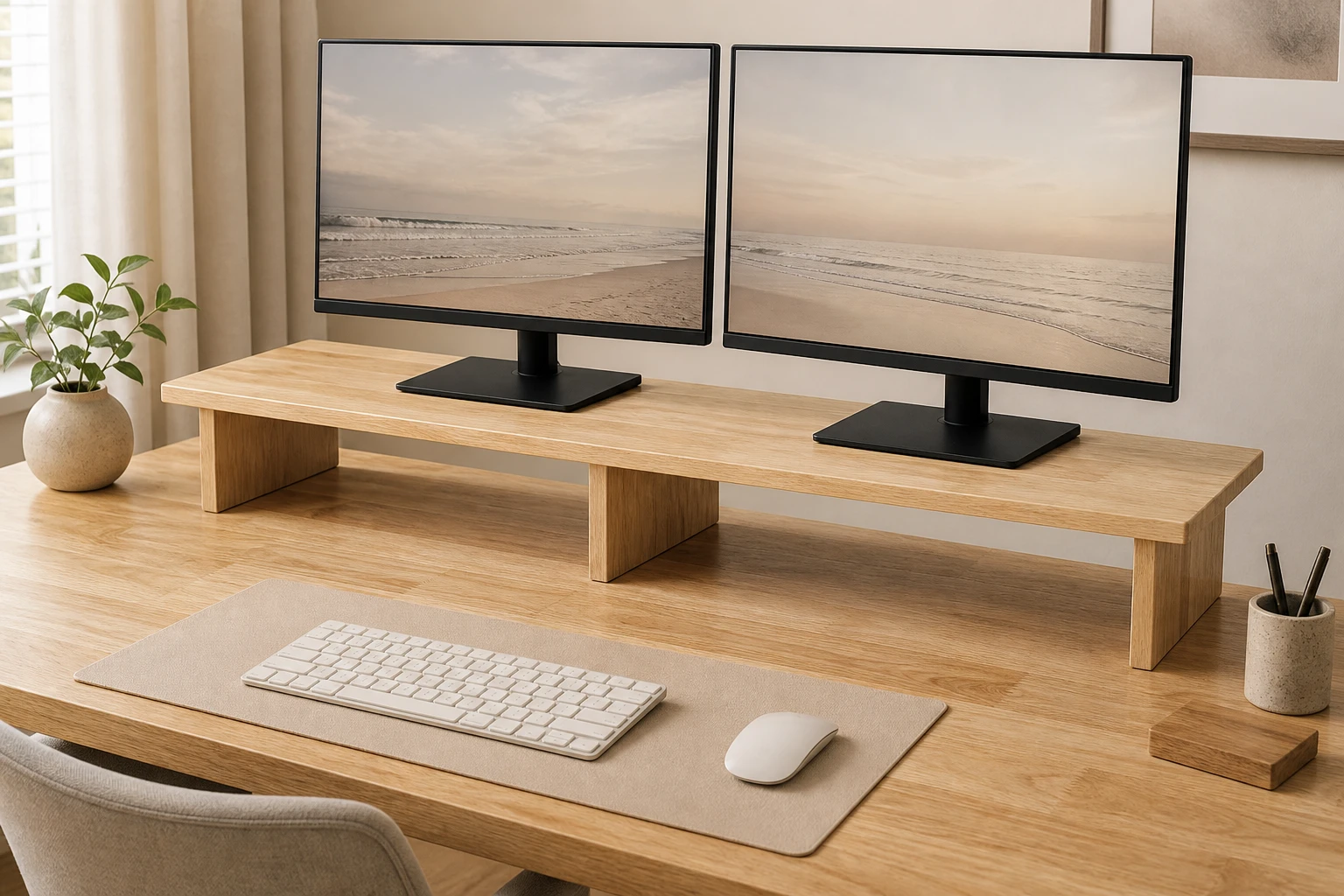 Long natural solid-wood desk riser with three supports