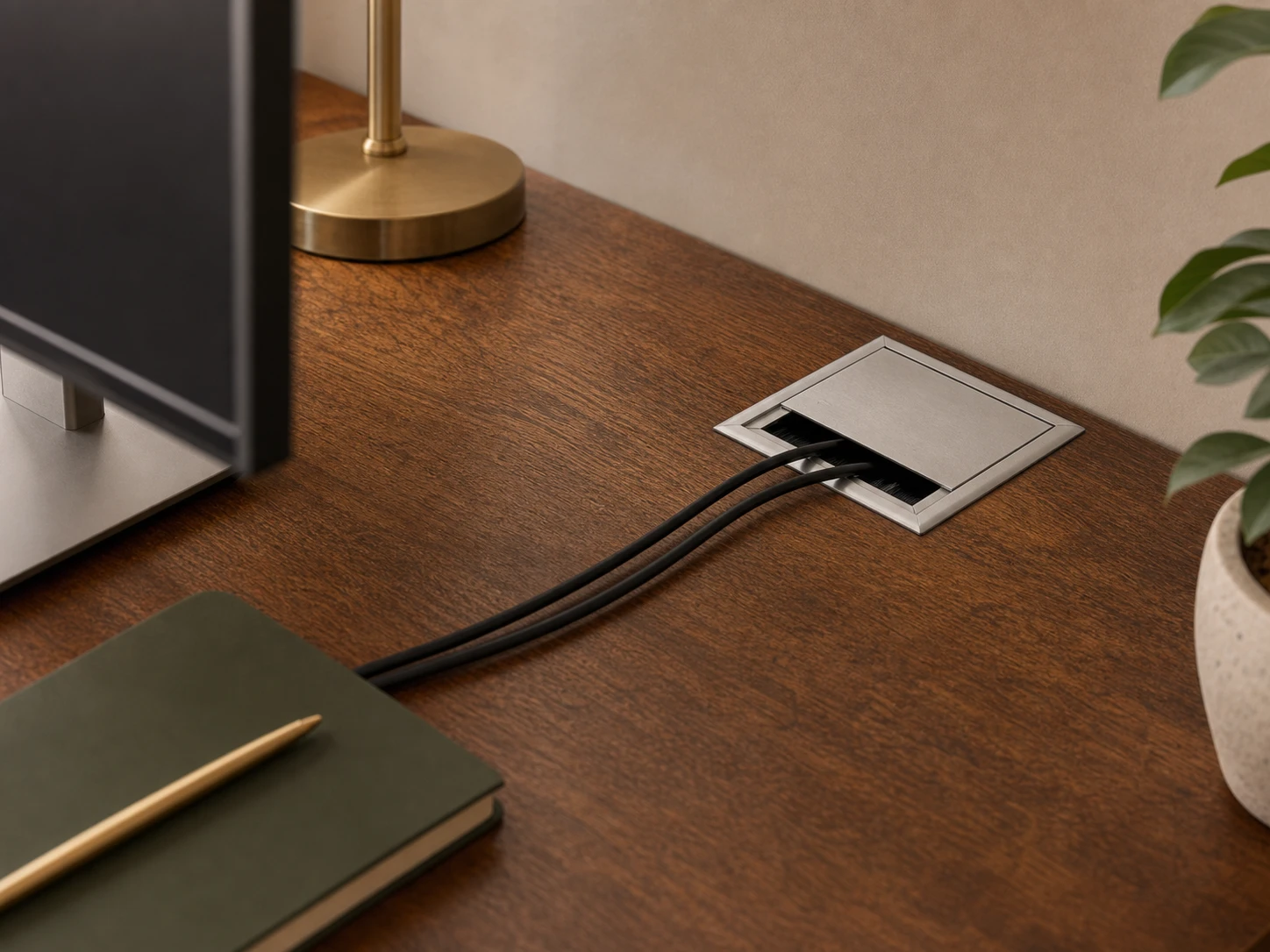 Single square silver wire grommet in a solid-wood desk
