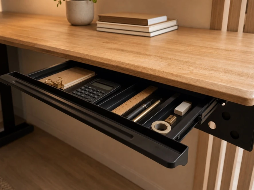 Slim stationery tray installed beneath a desk