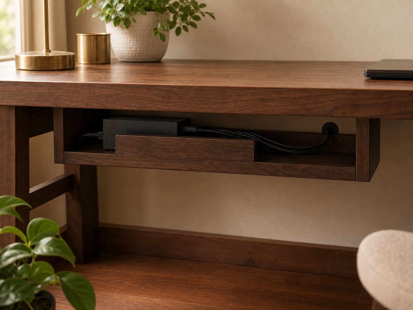 Solid-wood cable management bar mounted beneath a desk beside a window