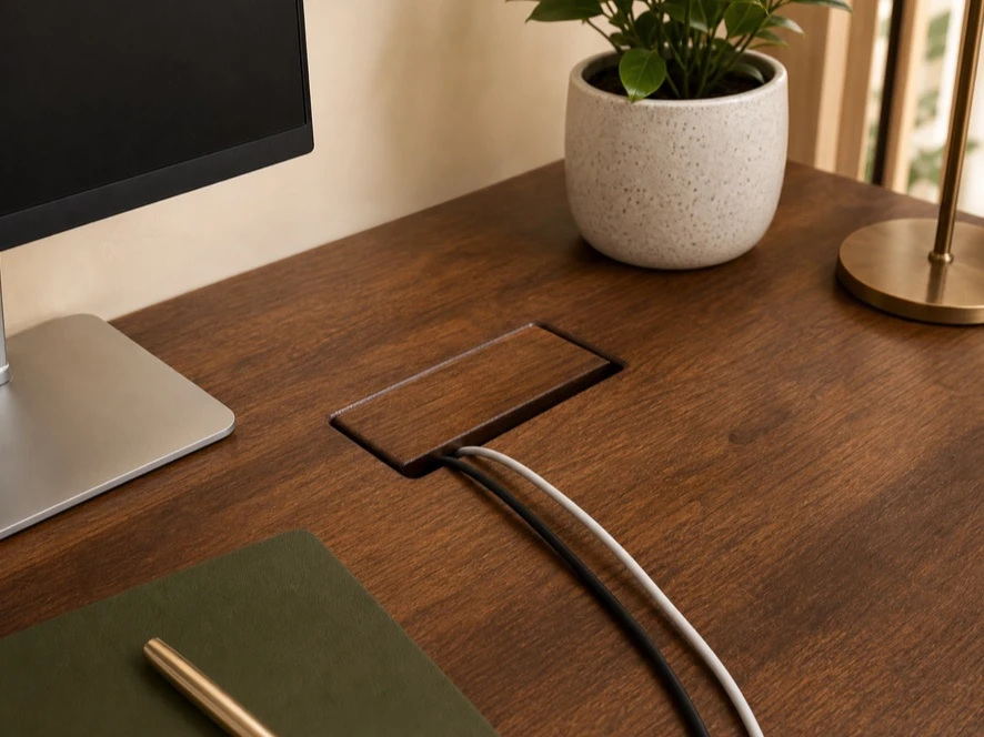 Wooden cable grommet integrated into a solid-wood tabletop
