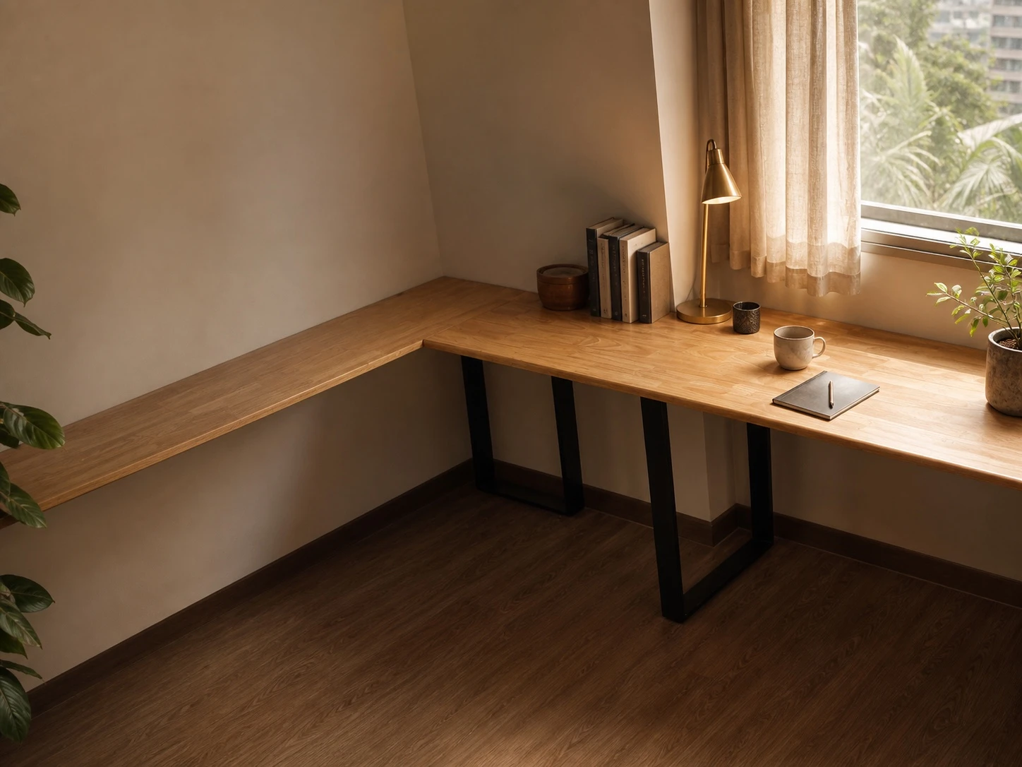 L-shaped solid-wood desk in a warm home office