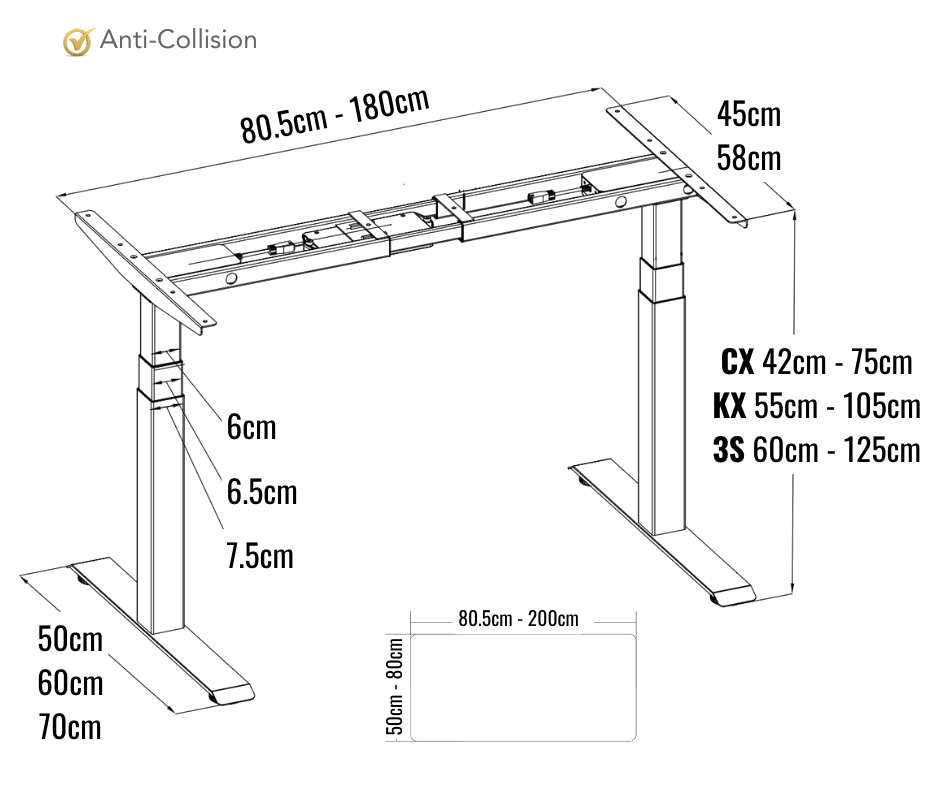 Adjustable inverted-T desk frame specification diagram showing compatible tabletop dimensions, frame width adjustment, foot sizes, height ranges and anti-collision