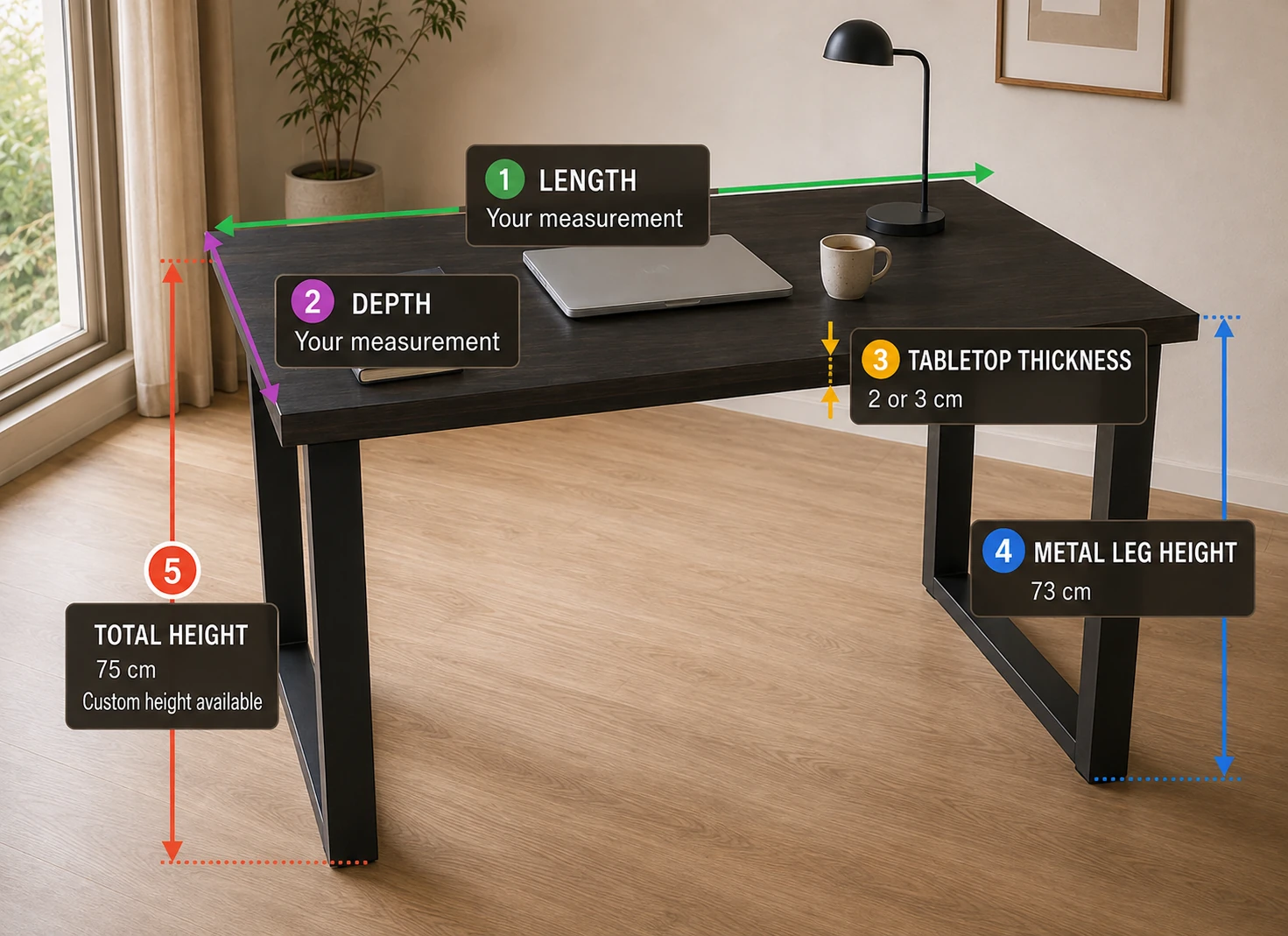 Dark solid-wood fixed-height desk with numbered points for length, depth, tabletop thickness, metal leg height and total height
