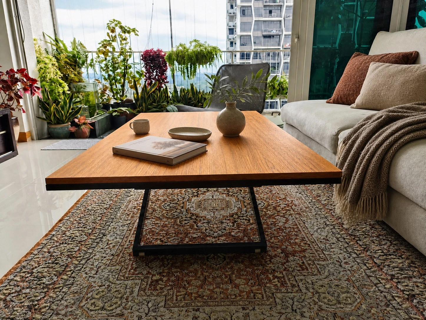 Custom solid-wood coffee table in a lived-in living room
