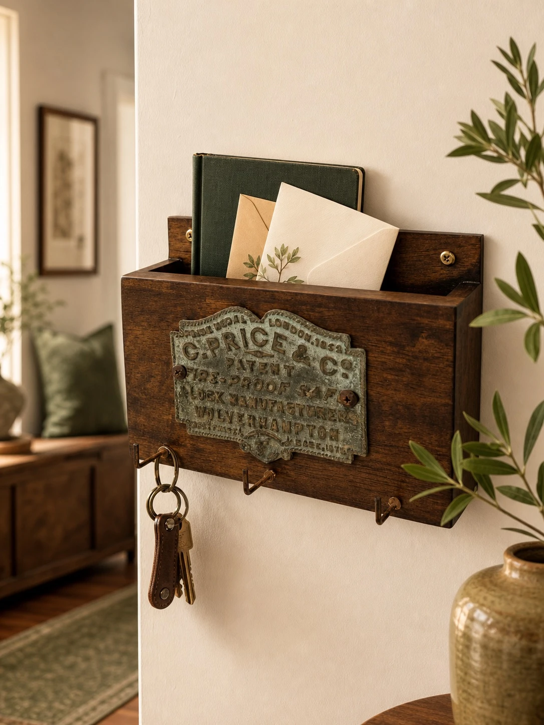 Unique wall-mounted wooden entryway organiser with letter holder and key hooks