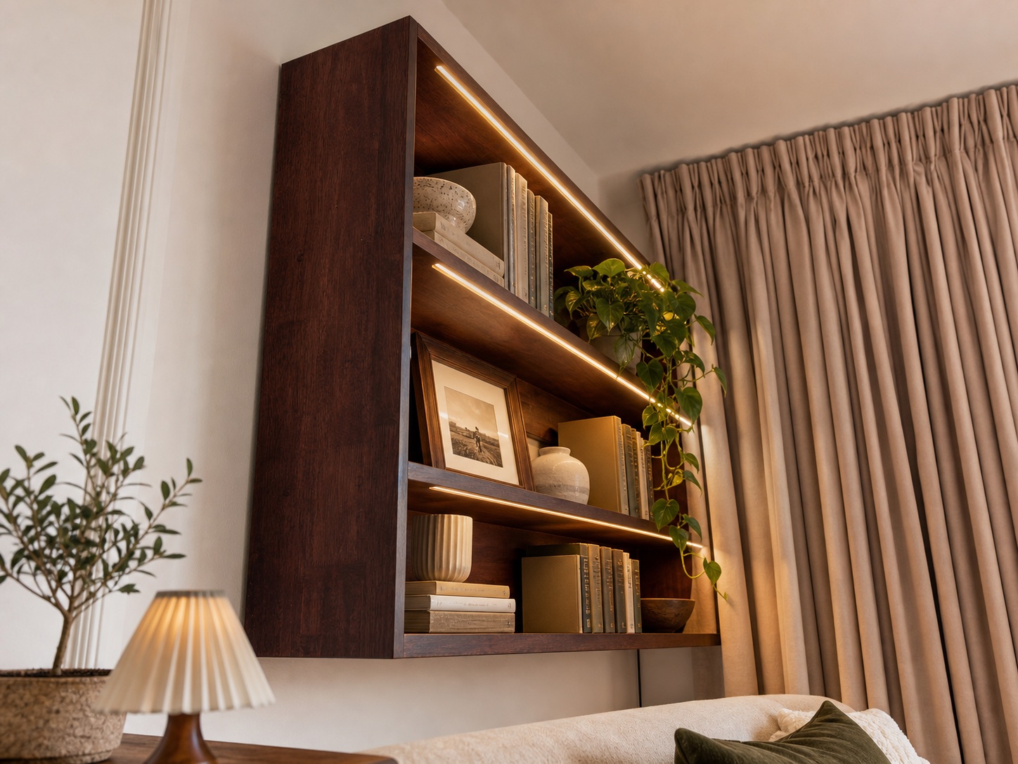 Custom illuminated solid-wood wall shelving styled with books and plants