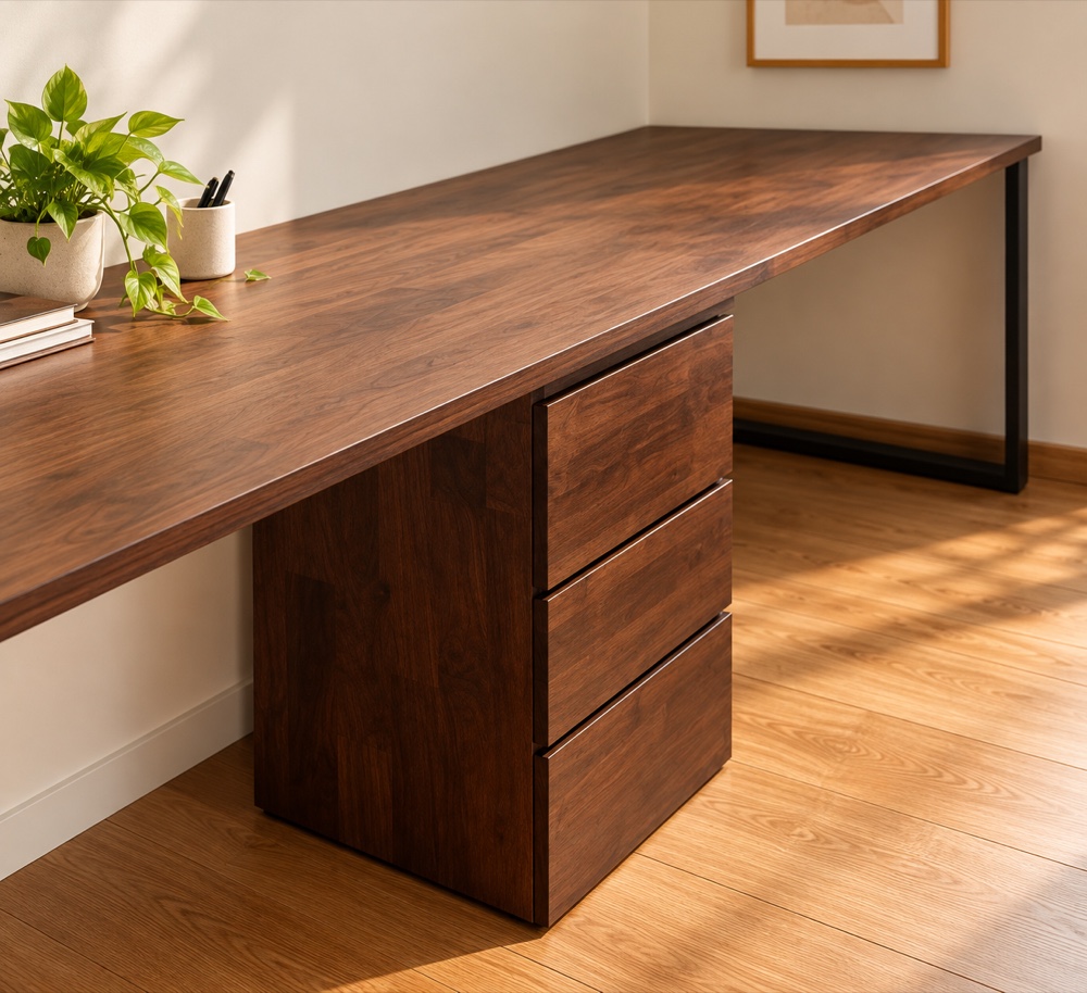 Custom solid-wood three-drawer leg unit supporting one end of a long walnut desktop, with a black metal leg at the other end