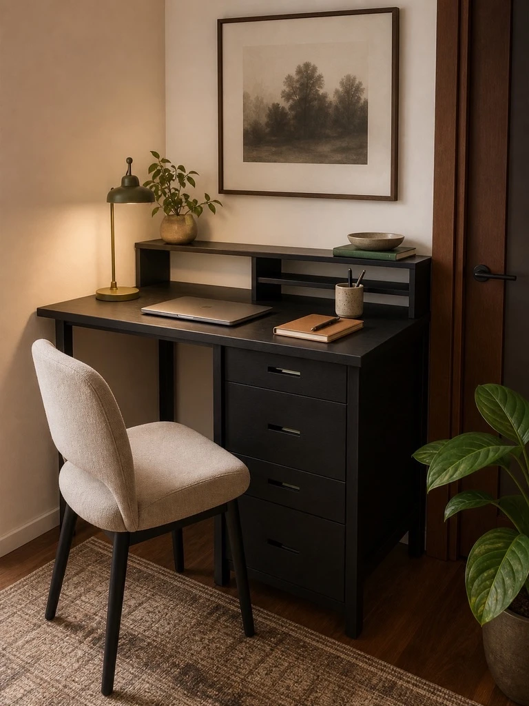 Compact black desk with storage in a warm study corner