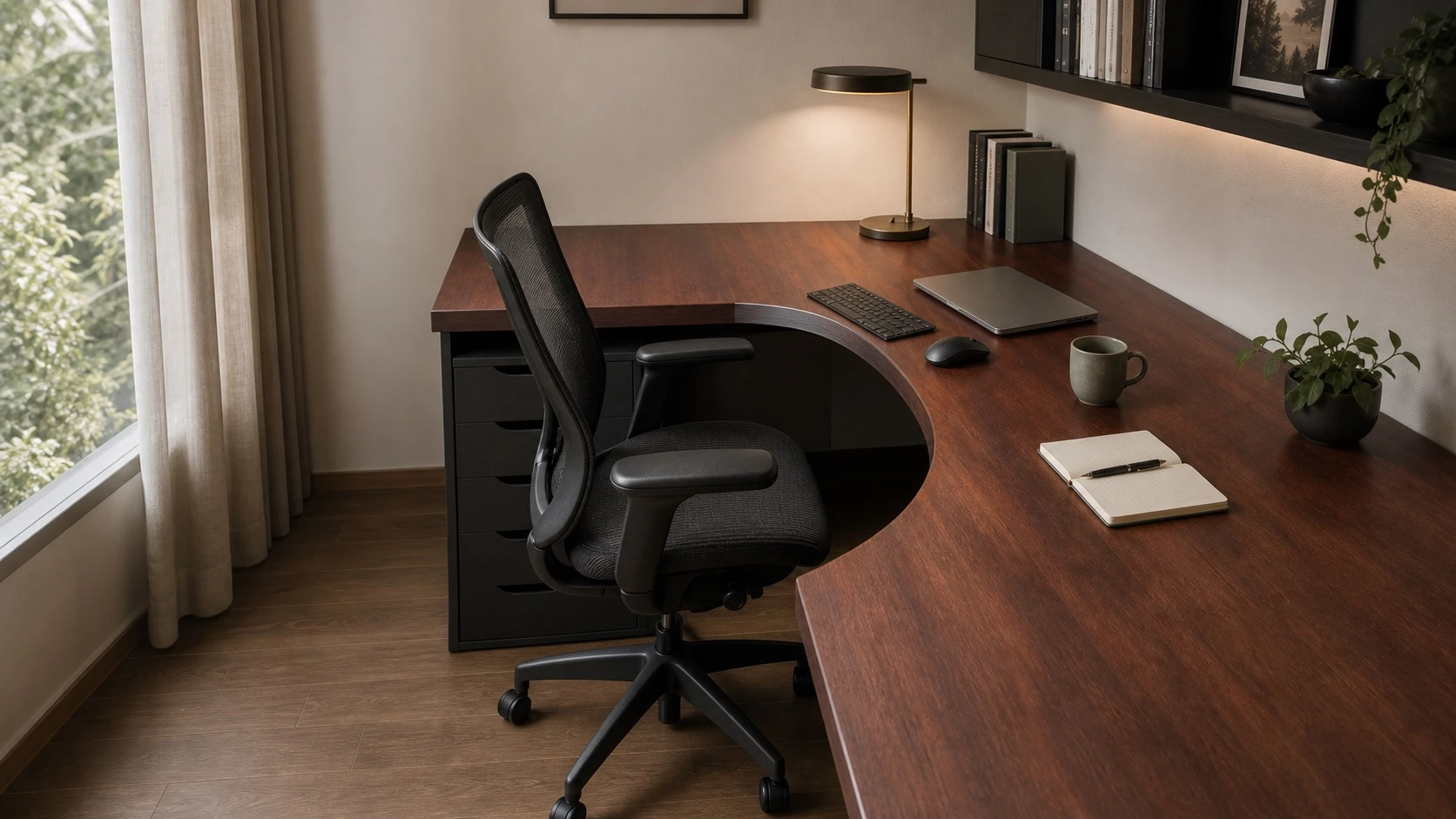 Curved solid-wood executive desk with black drawers in a warm home office