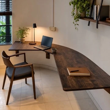 Curved wall-mounted desk fitted around a compact room