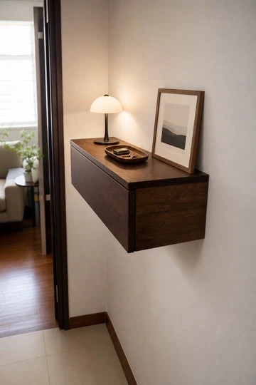 Floating solid-wood drawer in a warm apartment hallway