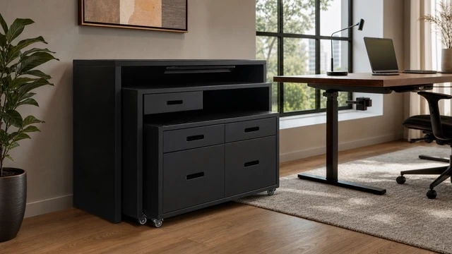 Mobile black storage cabinet beside an adjustable desk