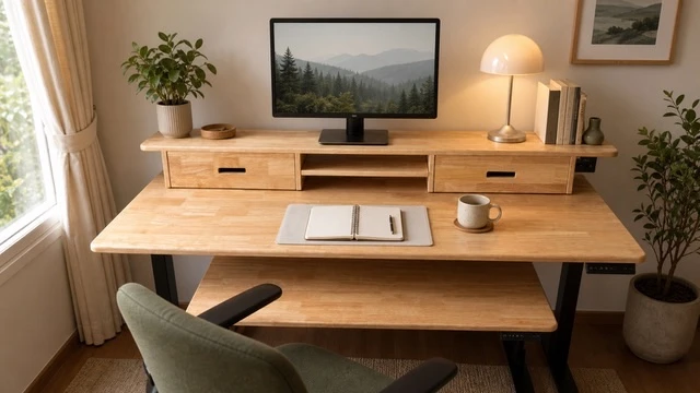 Natural-wood desk with integrated drawers in a bright home office