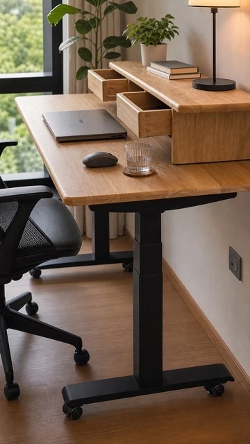 Adjustable natural-wood desk with integrated drawers