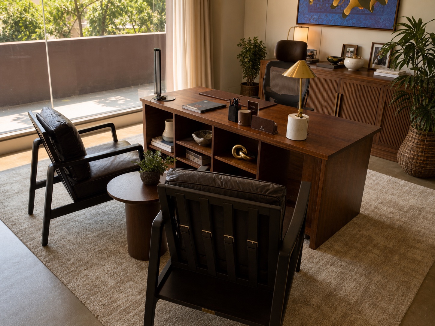 Fixed-height walnut executive desk with integrated open storage