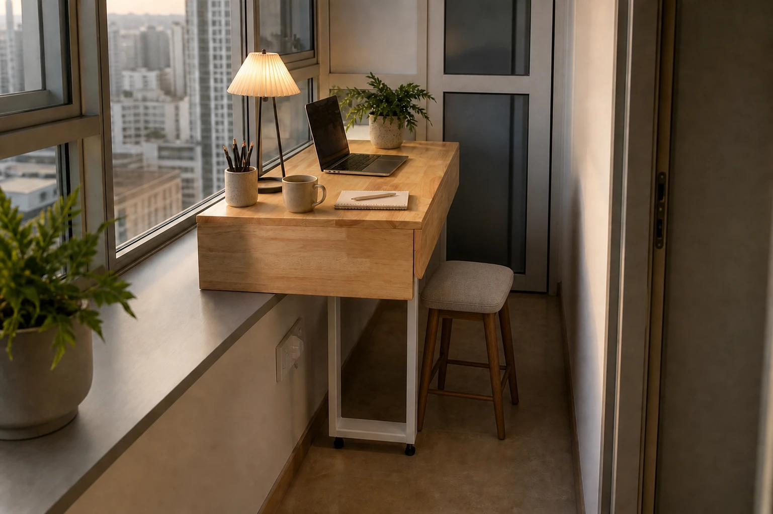 Compact pale-wood desk with a full-width drawer fitted onto a permanent window ledge in a narrow hallway