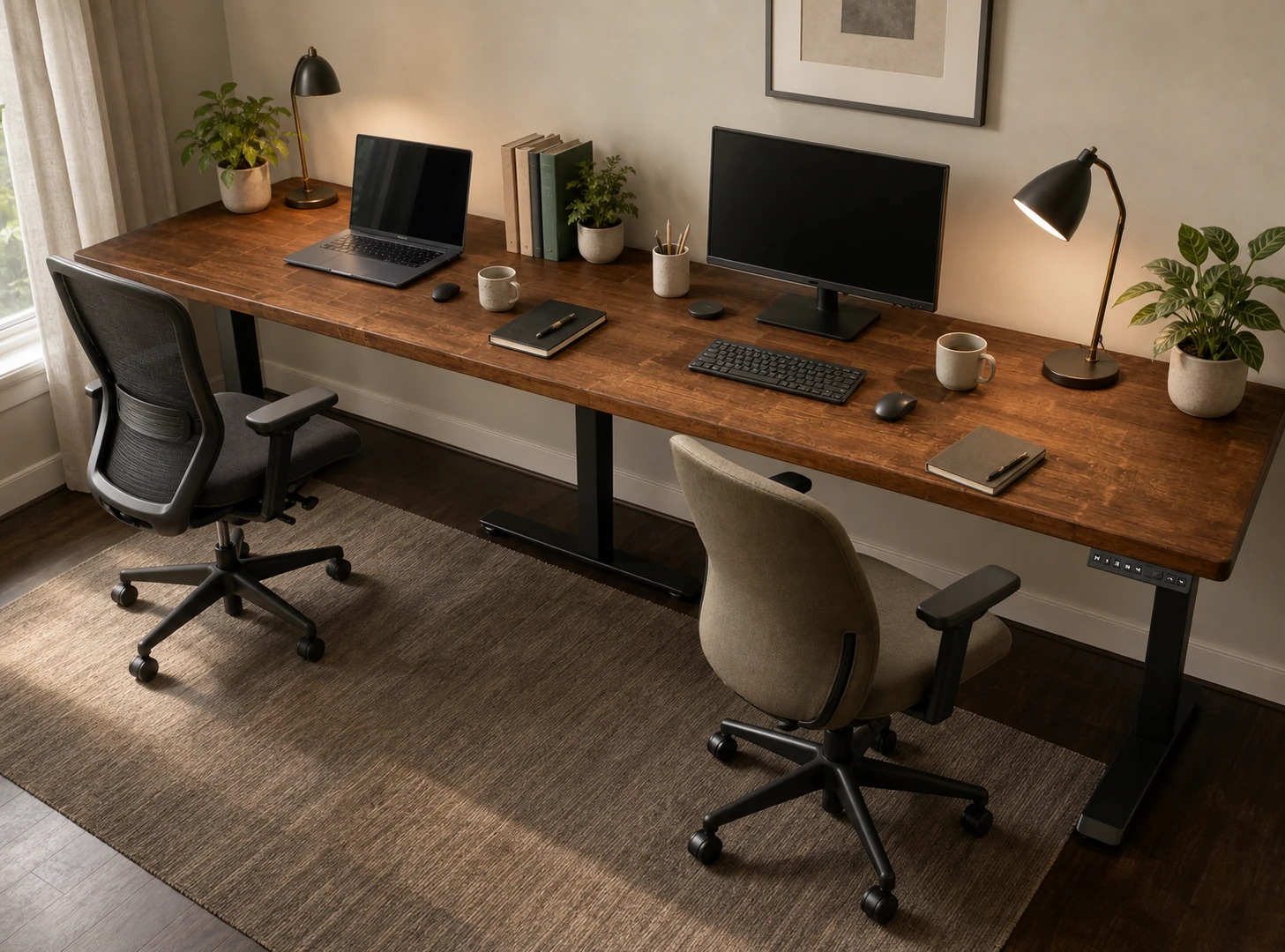 Extra-long adjustable-height wood desk with three black supports, two computer setups and two coordinated office chairs