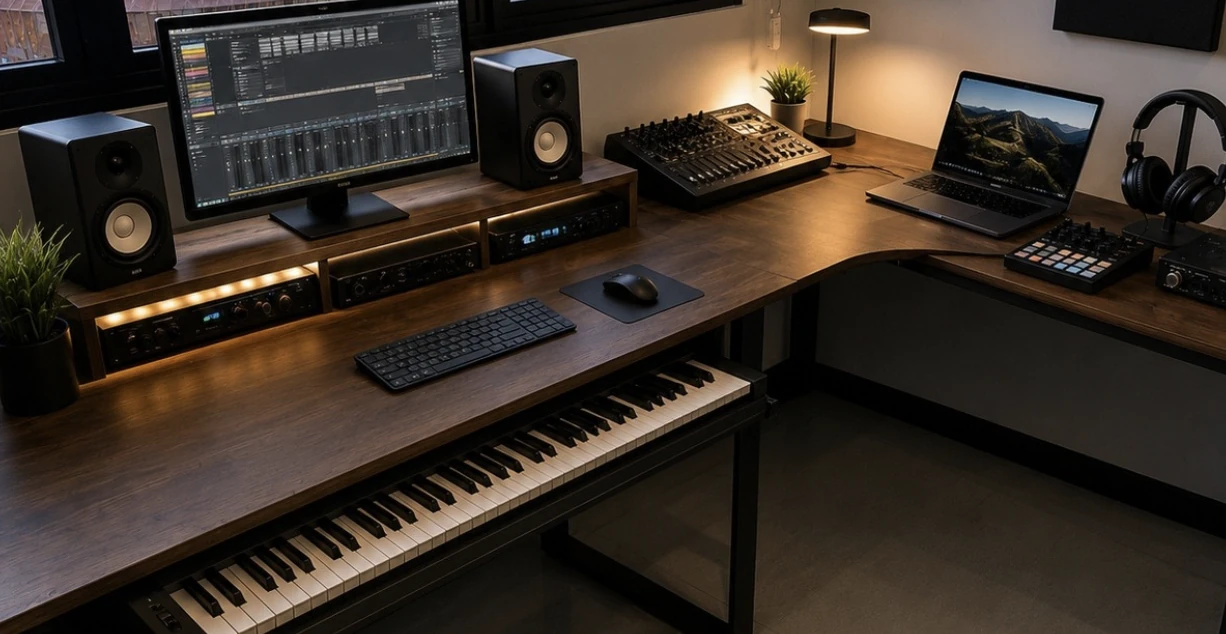 L-shaped music studio desk with keyboard, speakers, computer and production equipment