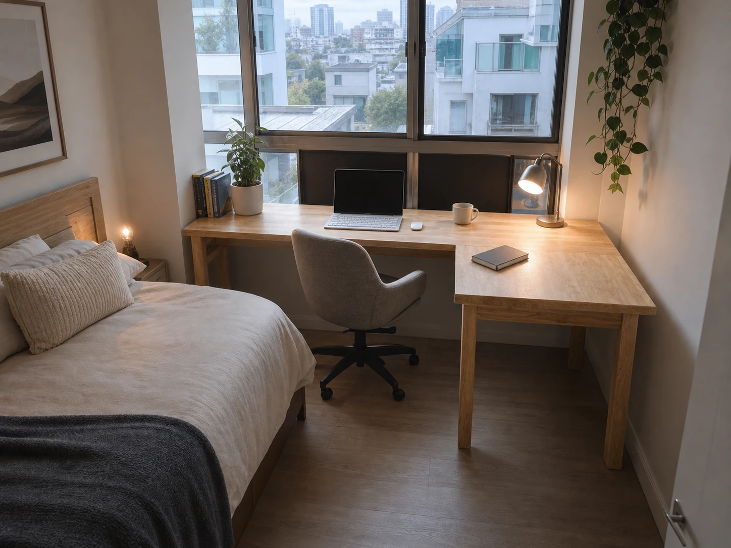 Pale-wood L-shaped desk fitted into the window corner of a small bedroom beside the bed