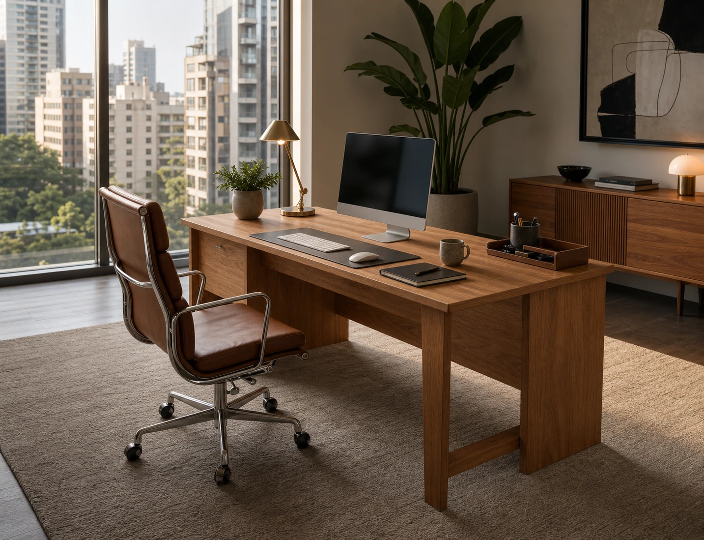 Teak executive desk with integrated side storage, open legroom and a premium computer workspace
