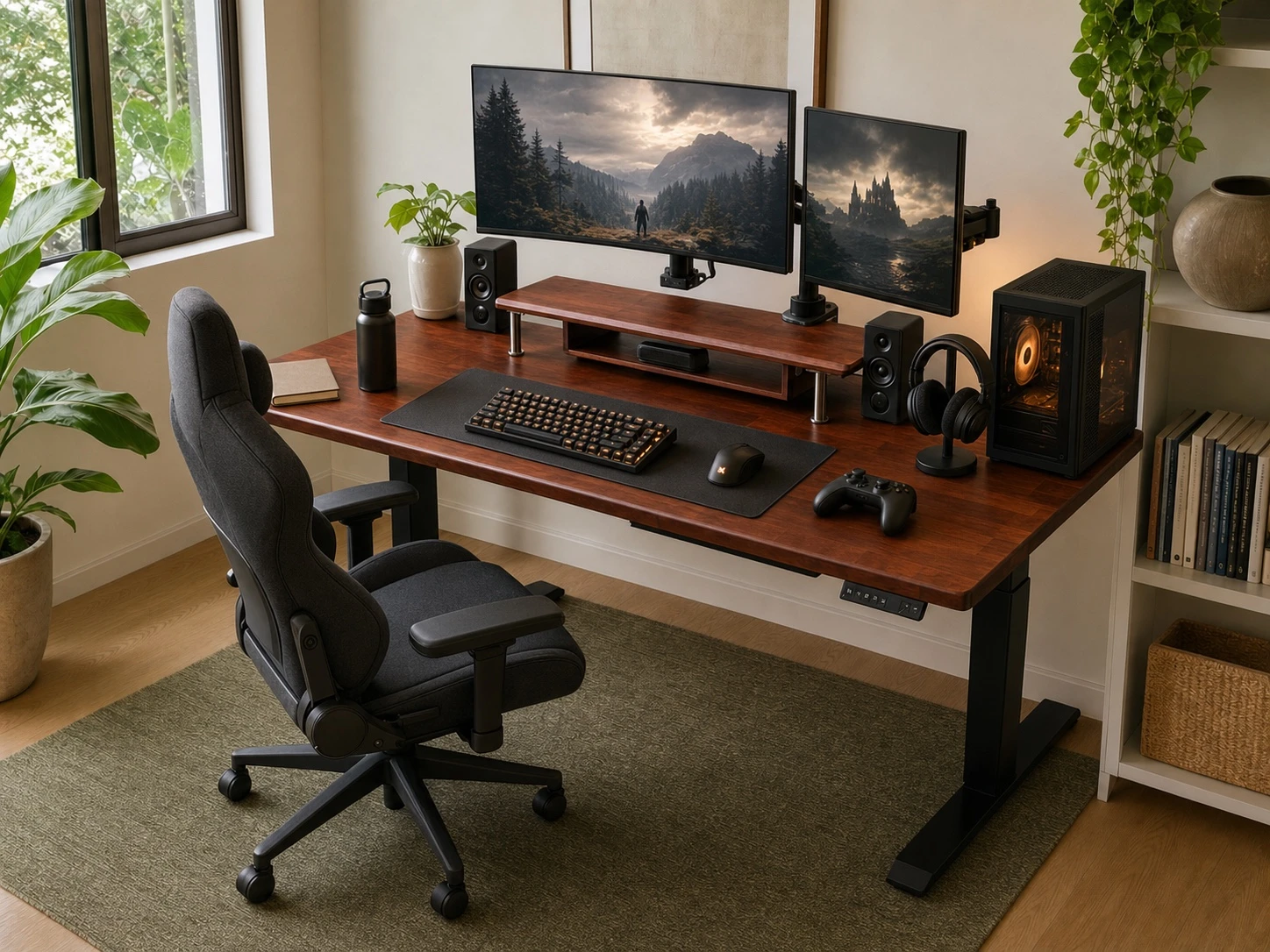 Adjustable solid-wood gaming desk with dual monitors, desktop computer, speakers and gaming accessories
