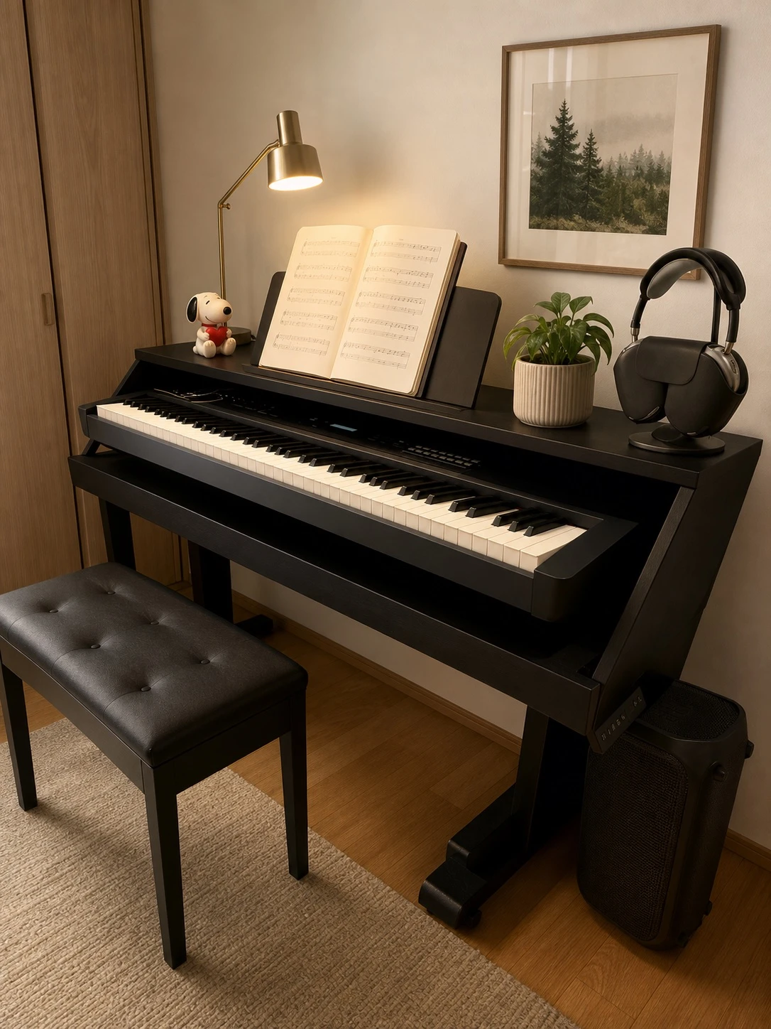 Black piano desk arranged in a dedicated music room