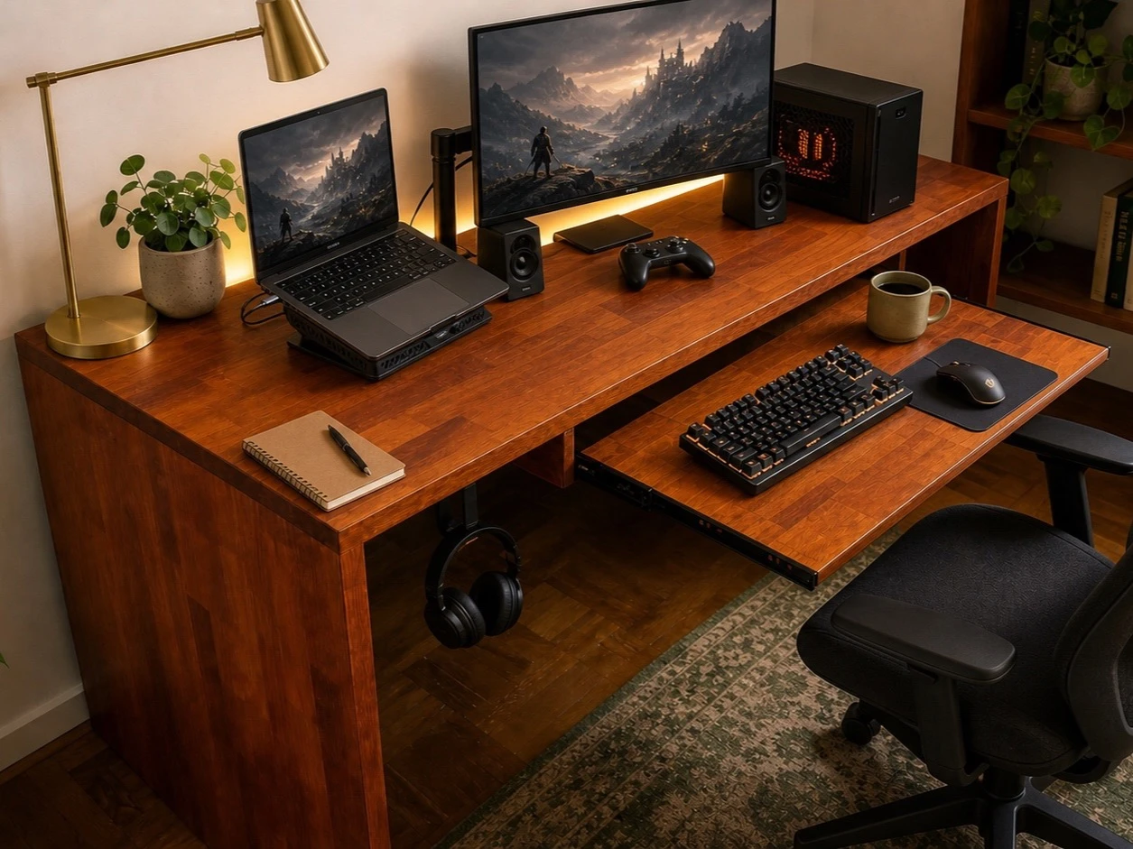 Compact solid-wood gaming desk with a pull-out keyboard tray and gaming equipment