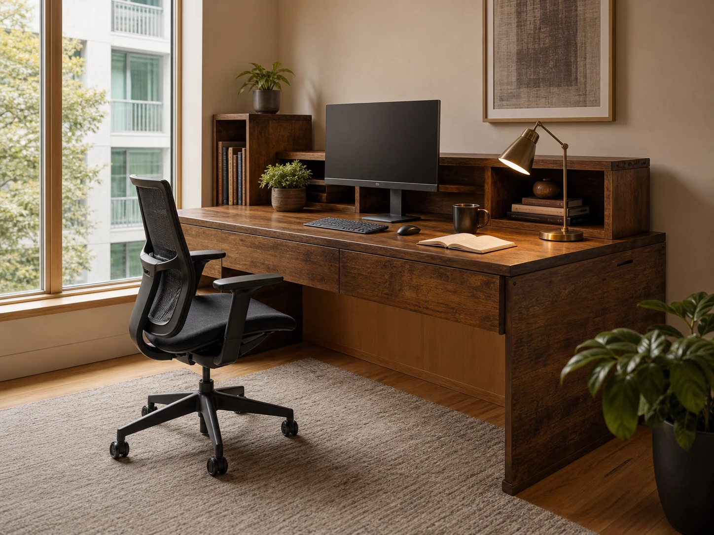 Dark-wood executive desk with suspended drawers and a cubby riser beside a corner window