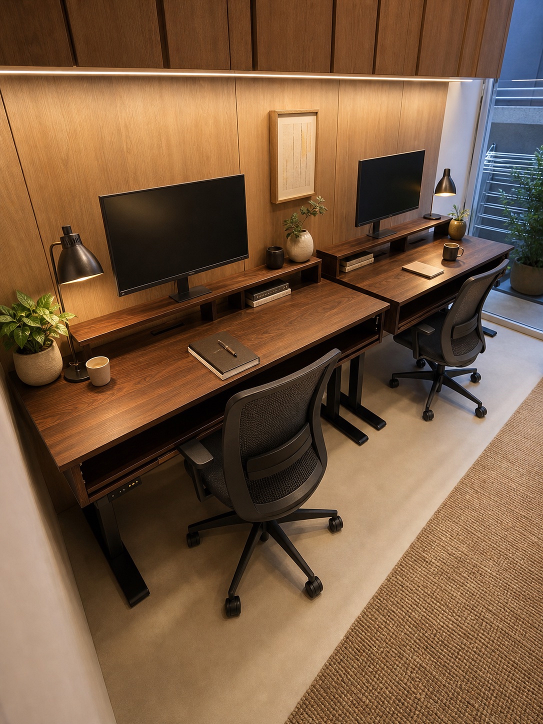 Pair of adjustable-height solid-wood desks in a shared workspace
