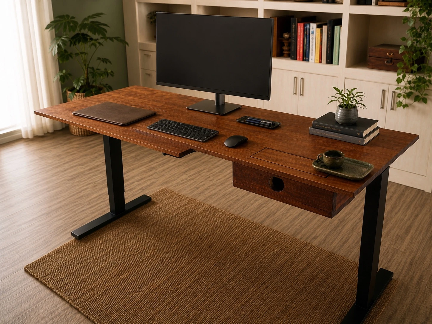 Large solid-wood executive desk shown at standing height with computer equipment and books