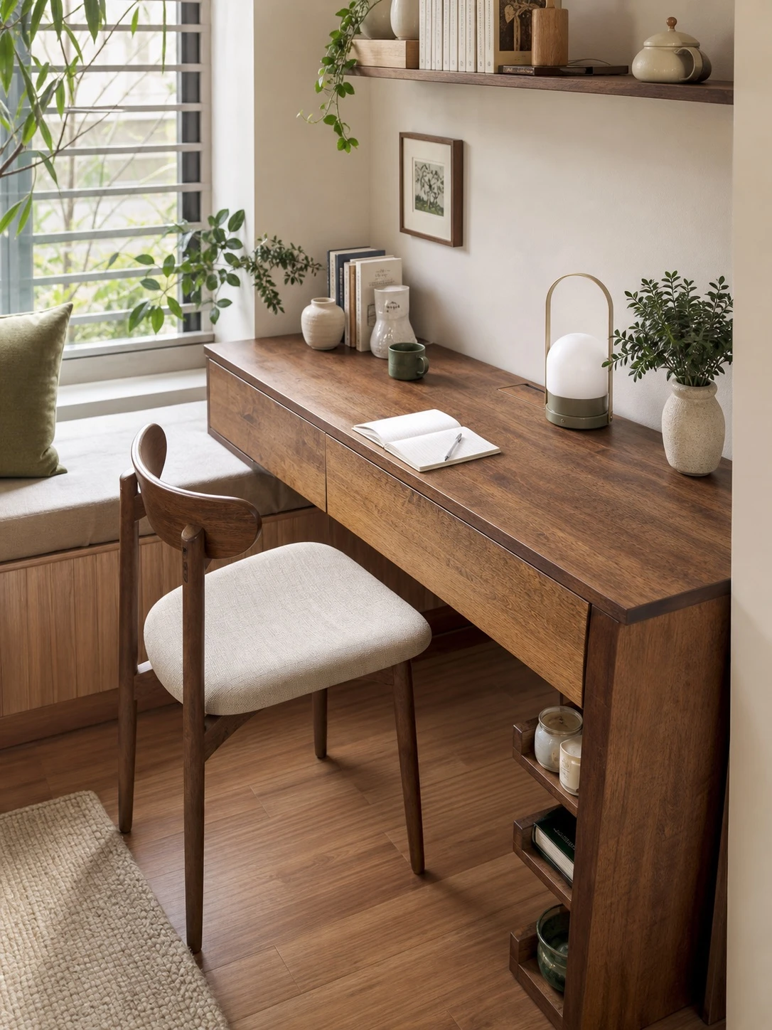 Slim solid-wood writing desk with shallow drawers and open side shelves