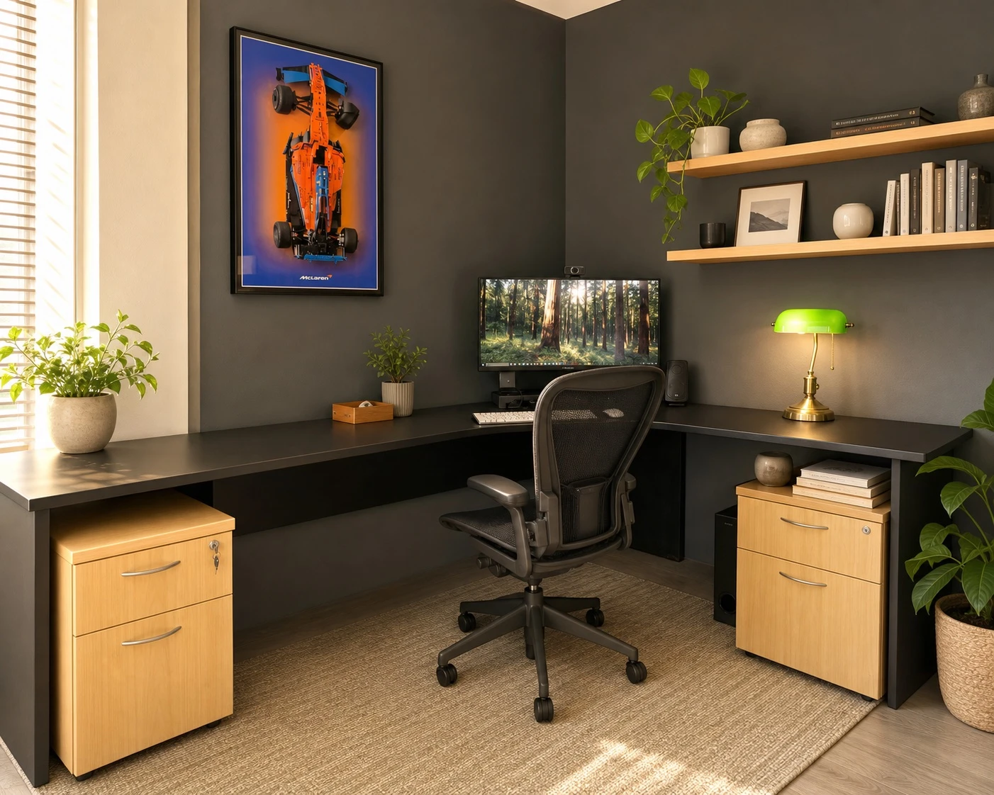 Black L-shaped office desk with natural-wood mobile drawers and wall shelves