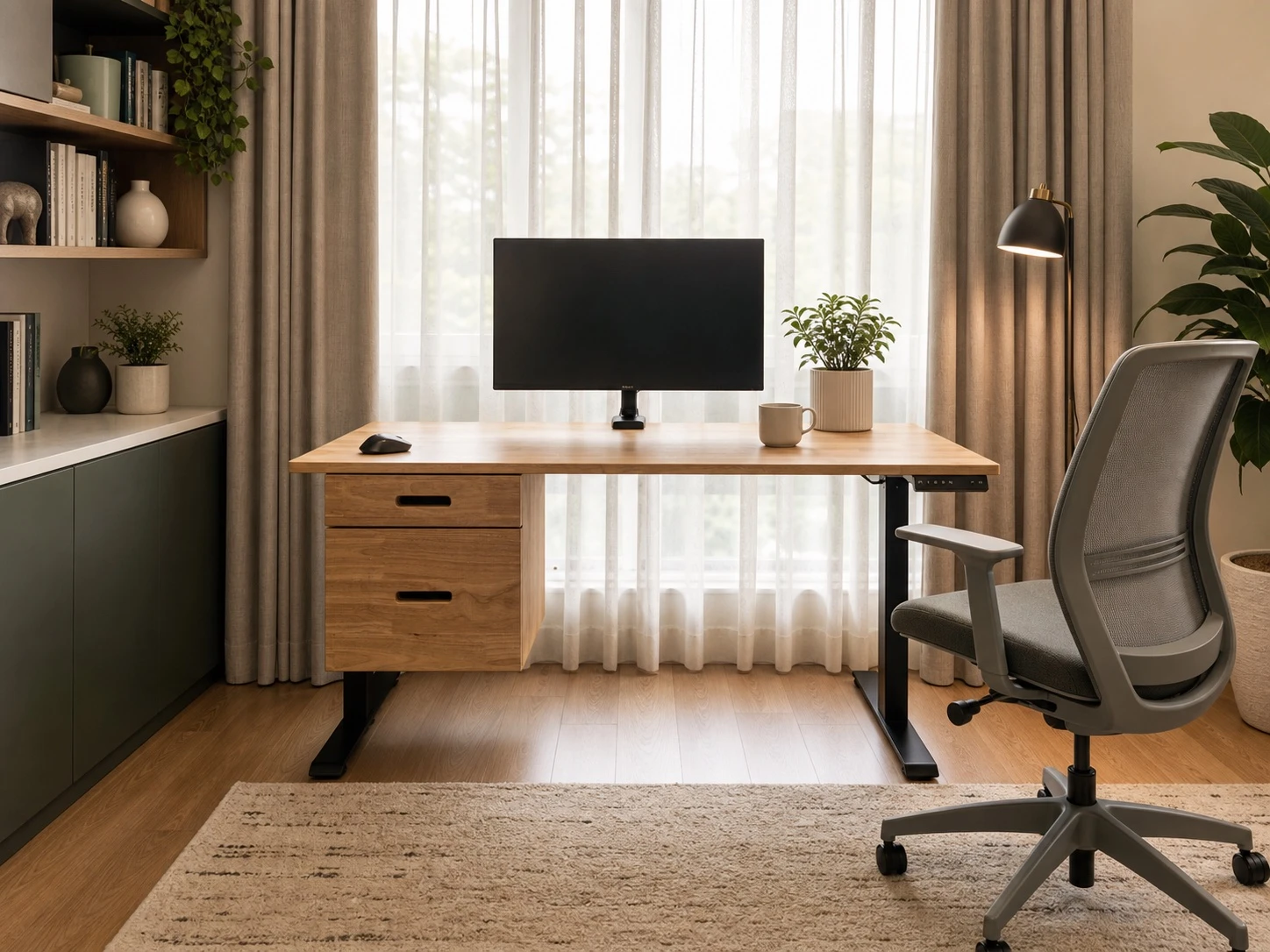 Adjustable-height desk with a suspended two-drawer storage unit